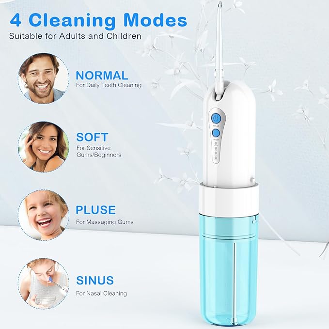 Water Dental Flosser for Teeth Cleaning and Flossing with Travel Size Case – Rechargeable Oral Irrigator, KOOVON Portable Water Flosser for Adults, IPX7 Waterproof, 5 Jet Tips & 4 Modes, Blue