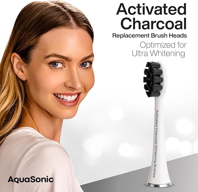 AquaSonic Genuine 2-Pack Activated Charcoal Brush Heads - Ultra Whitening Brush Heads - 2X Whitening & Stain Remover - for Black Series, Black Series Pro, Vibe Series, Duo Pro Series (White)