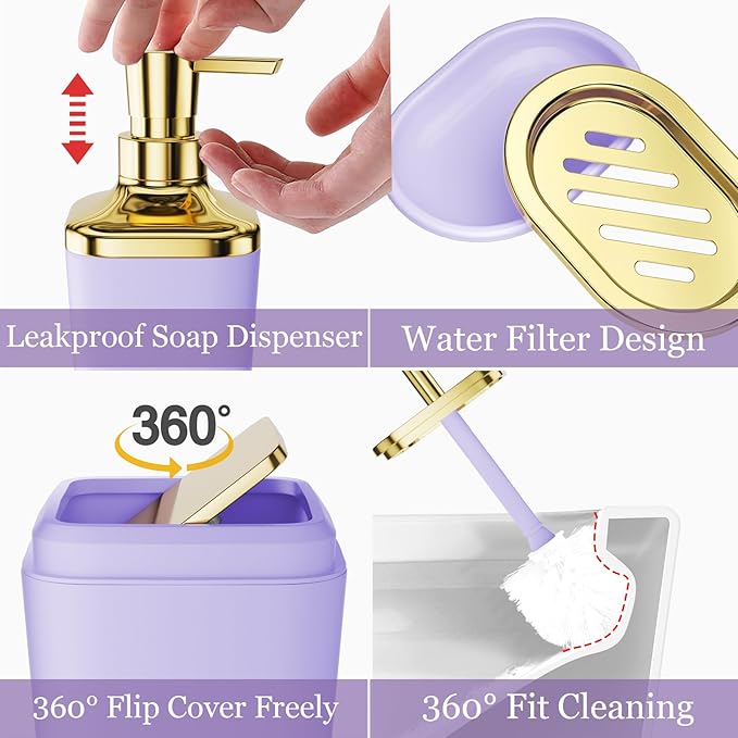 Purple Bathroom Accessories Set, Bathroom Sets with Shower Curtain, Purple Bathroom Accessories with Trash Can, Soap Dispenser, Soap Dish, Toilet Brush Holder, Qtip Holders for Bathroom