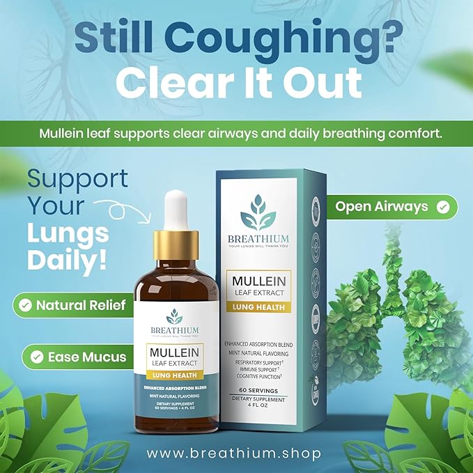 4-in-1 Mullein Drops for Lungs & Gut Health – Liposomal Mullein Leaf Extract, Sunflower Lecithin & Choline for Immune, Digestive, Allergy & Mucus Relief – Made in USA – 2oz Peppermint