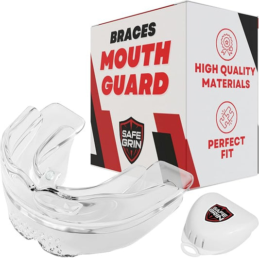 SafeGrin Transparent Braces Mouth Guard for Braces for Sports - Premium Silicone Teens & Youth Upper & Lower Teeth Protection for Sports - Football, Lacrosse, Hockey, Baseball