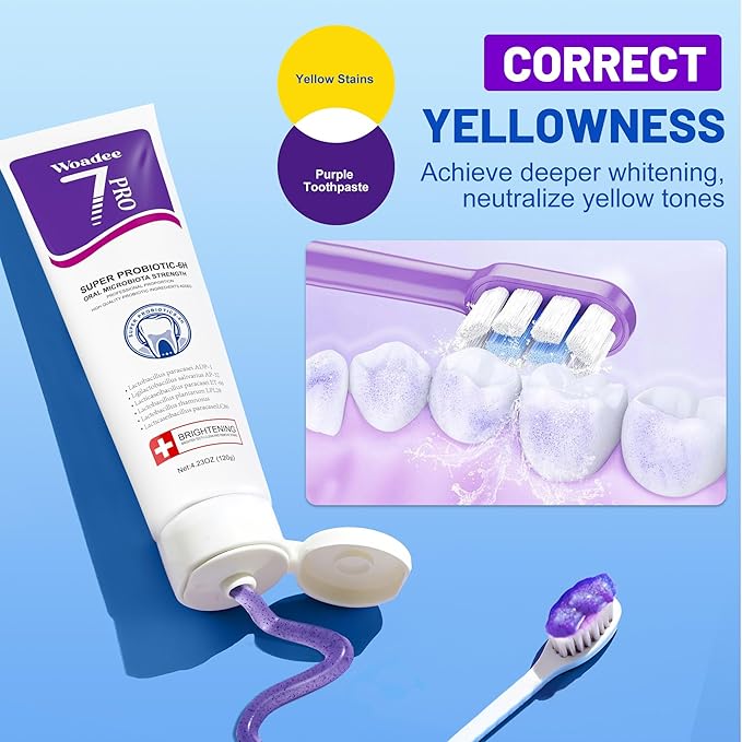 SP-6 Toothpaste Set, 6 Probiotics for Whitening & Cooling Fresh Breath, 7- Pro Intense Whitening, Fluoride-Free, Deep Brigthtening & Freshness (2 Tubes, Red +Purple)
