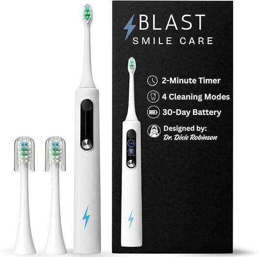 Blast Smile Care Electric Toothbrush with Tynex Bristles - Rechargeable Toothbrush with 30-Second Reminder & 2-Minute Smart Timer - IPX7 Waterproof Sonic Tooth Brush Includes 2 Tooth Brush Heads