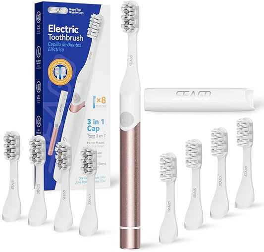 SEAGO Electric Toothbrush for Adults - 3 in 1 Holder with 8 pcs Replaceable Brush Battery Operated Travel Toothbrush kit Portable and 2 Minute Timer (Rose Gold, Middle)