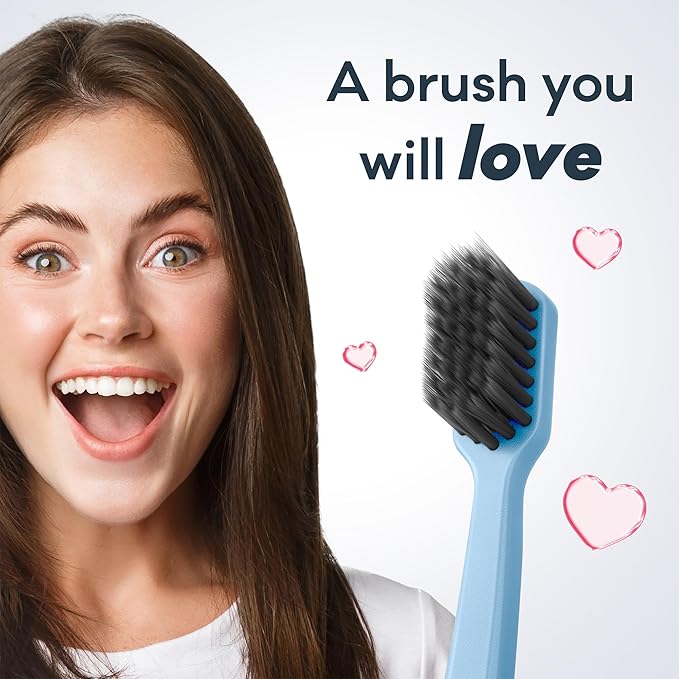 Grin Charcoal-Infused 100% Recycled Toothbrush, Medium, 4 Count, Purple, Suitable for Sensitive Teeth and Gums