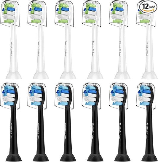 Replacement Toothbrush Heads for Philips Sonicare – Plaque Control, Compatible with Click-on Electric Toothbrush Handles, 12 Pack White Black