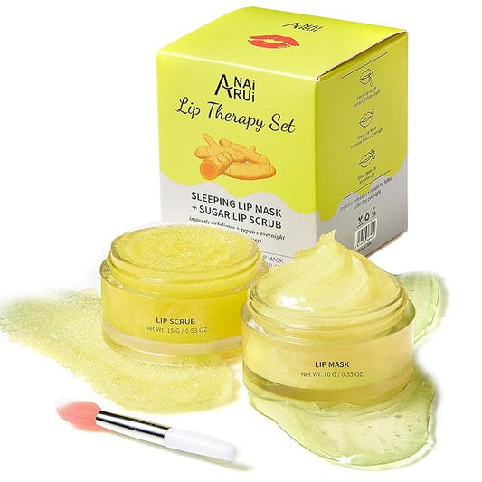 ANAI RUI Christmas Gifts For Girls, Lip Care Kit, Lip Sugar Scrub Set, Lip Sleeping Mask & Lip Exfoliator Scrub, Overnight Lip Treatment, Scrub & Moisturizer for Dry, Chapped, Cracked, Lips, Turmeric