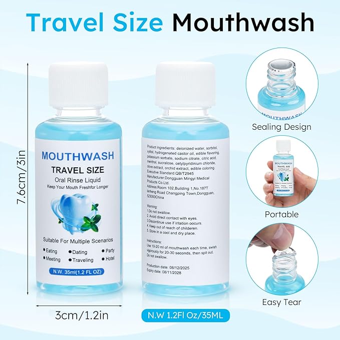 Travel Mouthwash Bulk, 1.2 Oz/35ml Mini Mouthwash Bulk, for Freshening Breath, Easy to Carry, Suitable for Work, Travel, Hotels, Dating Essentials (10-Pack)