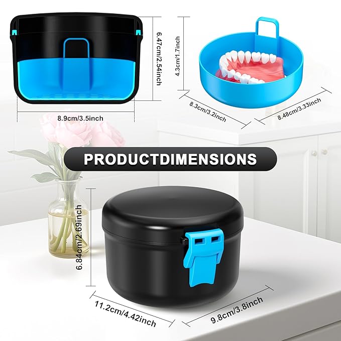 Denture Case, Leak Proof Denture Bath Cup for Travel, False Teeth Container for Soaking Dentures & Retainer, Retainer Cleaner Case, Black+Blue.