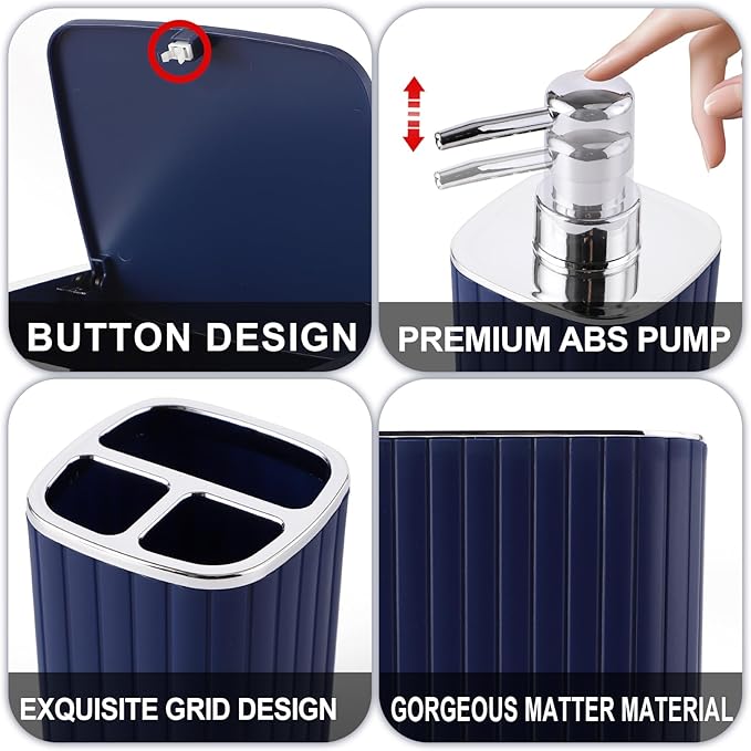 Bathroom Set with Shower Curtain and Rugs- 25PC Bathroom Accessory Set, Navy Blue Shower Curtain Set, Toilet Brush, Trash Can, Qtip Holder Dispenser & Soap Dispenser