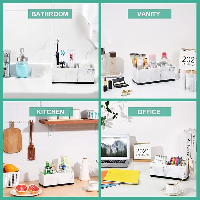VITVITI Toothbrush Holder for Bathroom, Bathroom Organizer Countertop, Rectangle 6 Compartment Bathroom Accessories Storage for Toothpaste/Vanity Counter/Sink, White Resin of Marble Color