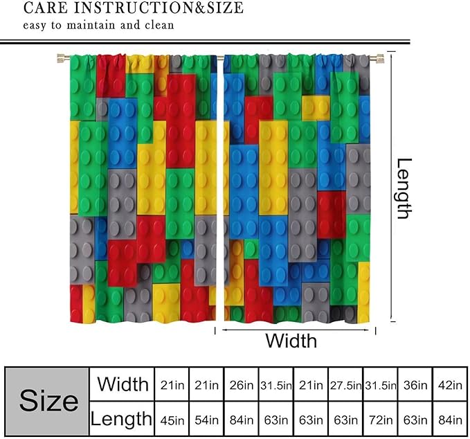 Kids Building Blocks Toy Curtains for Kids Room W42 x L54 Inch Rod Pocket Contour Plastic Colorful Toy Bricks Geometric Print Pattern Curtains for Boys Girls Bedroom 2 Panels