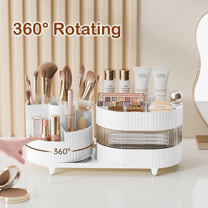 Makeup Organizer Countertop 360°Rotating Makeup Organizer for Vanity - Make Up & Jewelry Storage Cosmetic Storage Holder with Makeup Brush Holder (3 Tiers, White)