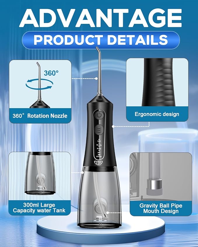 JTF Water Dental Flosser Picks for Teeth - 4 Modes Cordless Oral Irrigator, 300ML Portable Water Flosser & Rechargeable IPX7 Waterproof Water Teeth Cleaner for Home Travel with 9 Jet Tips (Black)