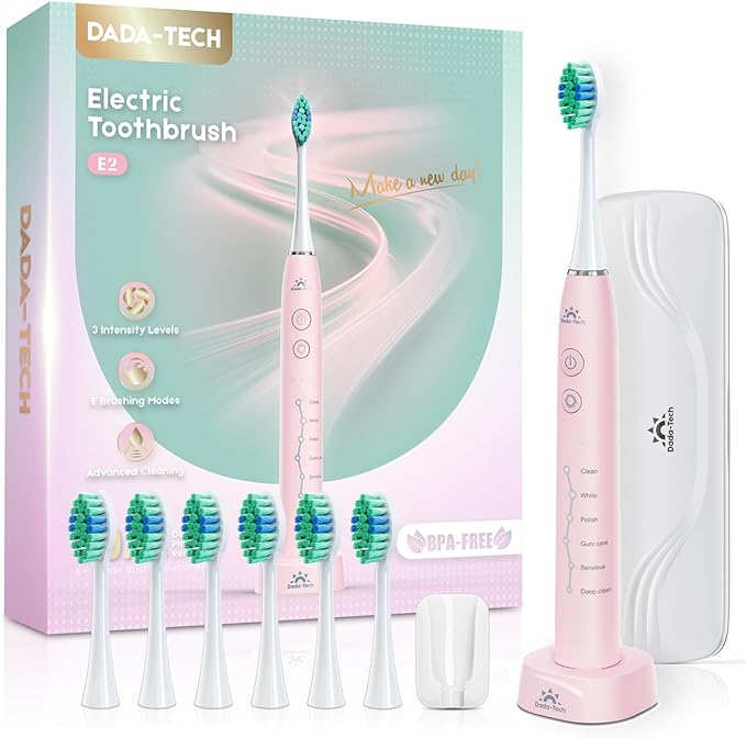 Pink Electric Toothbrush for Adults Rechargeable Sonic Toothbrush Ultrasonic Toothbrush with Travel Case, Holder & 7 Brush Heads, 6 Modes & 3 Intensities, 2-Minute Timer (Pink)