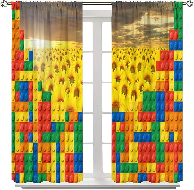 Colorful Building Blocks Sunflower Flower 3D Toy Printed Curtains, Building Blocks, Floral Sunflower Curtains, Interesting Brick 3D Design, Boys and Girls Room Curtain Panels, 2 Panels 55x63in