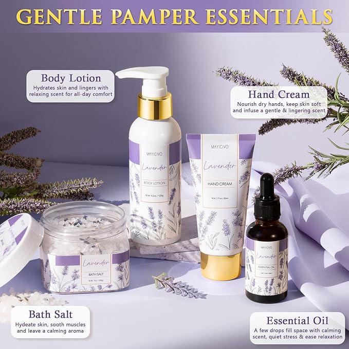Birthday Gifts for Women, Lavender Relaxing Spa Gift Baskets for Women Self Care Package Bath Gift Set, Home Bath and Body Kit Pamper Valentines Day Gifts for Her Womens Mom Friends Wife Girlfriend