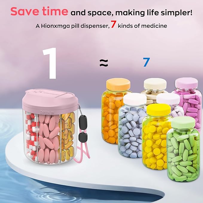 Pill Dispenser with 7 Large Compartments, Pill Organizer for Travel, Supplement Organizer with Anti-Mixing Design, BPA-Free Pill Container with 20 Pcs Labels, Black+ Pink