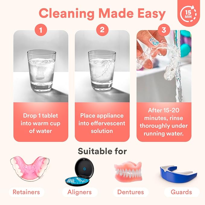 Weiss Naturals Retainer Cleaning Tablets, Invisalign Cleaner, Remove Stains, Odors & Plaque, FSA & HSA Eligible, Night Guard Cleaner PERSULFATE & DYE-FREE 1-Month Supply, Denture Cleaners, 30 Tablets