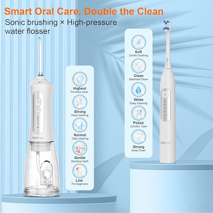 H2ofloss Sonic Electric Toothbrush and Water Flosser Combo, Rechargeable 2000mAh Toothbrush and 2500mAh Oral Irrigator with 300ml Tank, 4 Brush Heads, 5 Nozzles, 2 in 1 for Home and Travel (White)