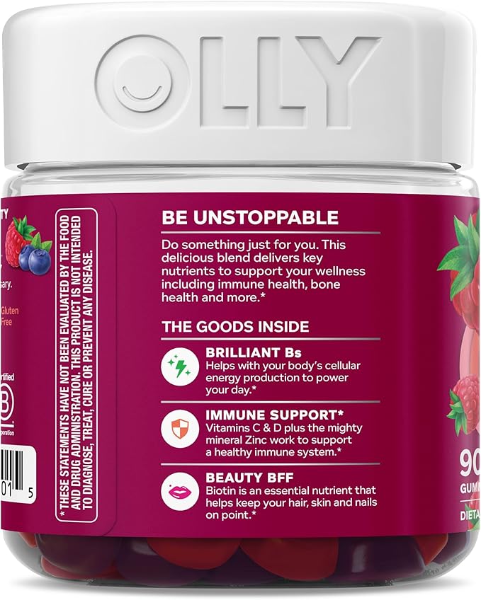 OLLY Women's Multivitamin Gummy, Vitamins A, D, C, E, Biotin, Folic Acid, Adult Chewable Vitamin, Berry Flavor, 45 Day Supply - 90 Count