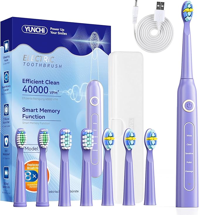 YUNCHI Electric Toothbrush for Adults, Rechargeable Sonic Toothbrushs, Kids Electric Toothbrush-8 Brush Heads,5 Modes & 2 Minutes Smart Timer, IPX7 Waterproof, 30 Days Toothbrush, Travel Case, Purple