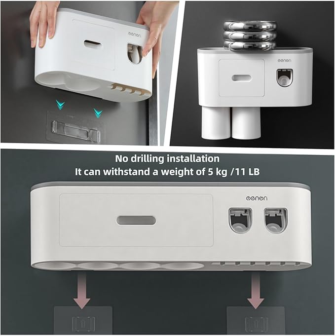 No-Drill Wall Mounted Toothbrush Holder, Bathroom Shelf, with Automatic Toothpaste Dispensers 6 Brush Hooks Magnetic Cups 1 Cosmetic Drawer Organizer and Large Storage (2 Dispensers 4 Cups)