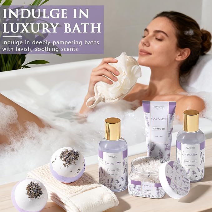 Birthday Gifts for Women, Lavender Relaxing Spa Gift Baskets for Women Self Care Package Bath Gift Set, Home Bath and Body Kit Pamper Valentines Day Gifts for Her Womens Mom Friends Wife Girlfriend