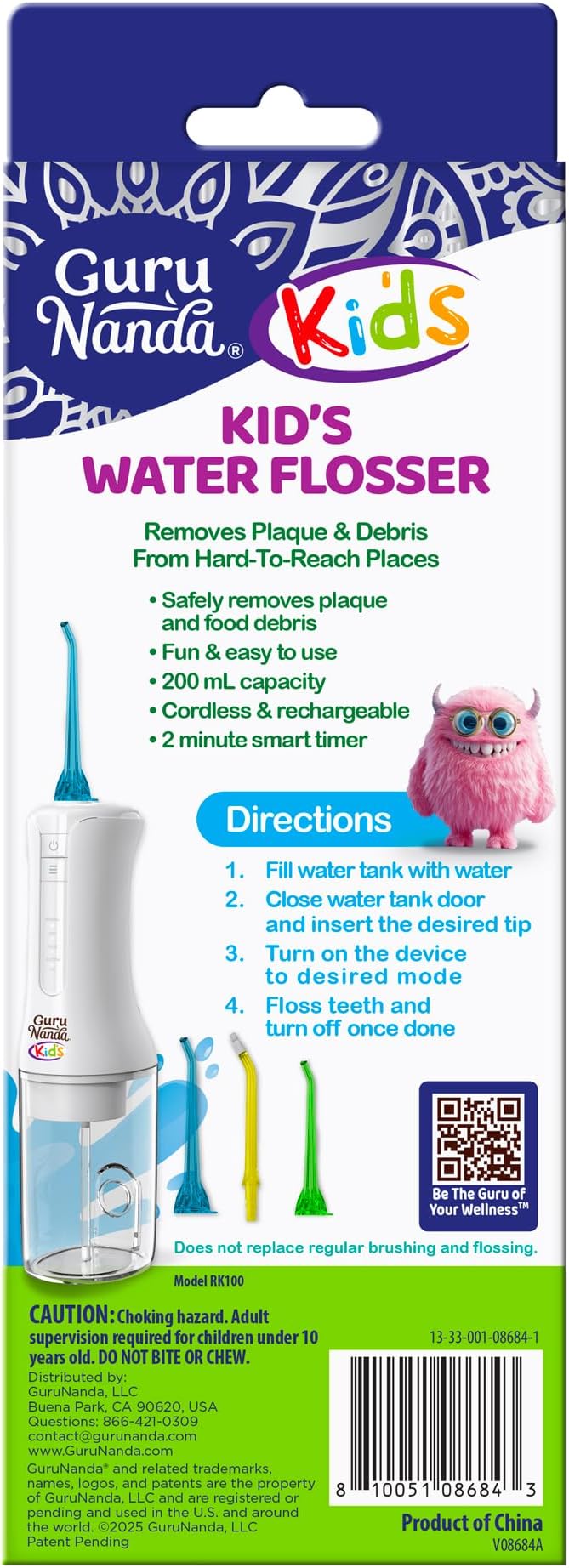 GuruNanda Kids Water Dental Flosser - 4 Flossing Modes, 4 Nozzles, 2-Min Smart Timer, Ages 6+, Monster Frens Theme, Portable Oral Care for Kids