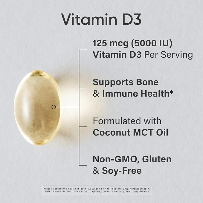 Sports Research Vitamin D3 5000 IU with Coconut MCT Oil - Extra Strength Vitamin D Supplement - Non-GMO Verified, Gluten & Soy Free – 125mcg, 30 Liquid Softgels