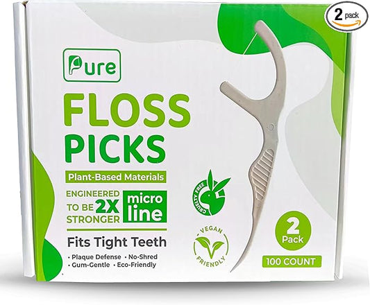 Biodegradable Floss Picks with Corn Straw Handle, Strong No-Shred UHMWPE Floss for Tight Teeth & Gum Care, Strong Anti-Shred Thread for Tight Gaps, Light Mint-Flavored Dental Picks (100 Picks)