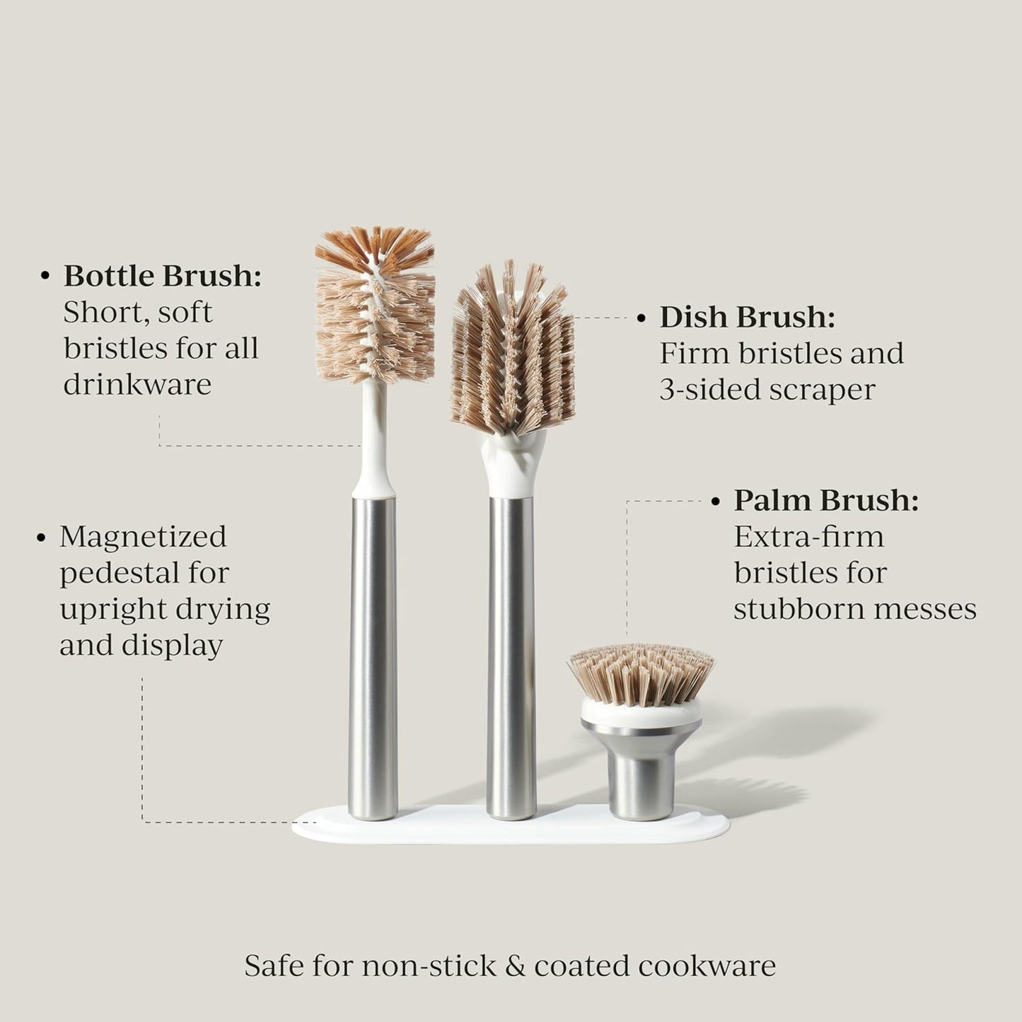 Ionic Brush Set, Magnetized to Stand Upright, Stainless Steel with Replaceable Heads, Silver