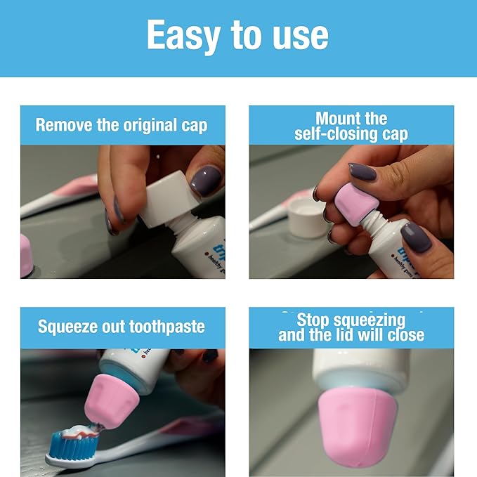 Self Closing Toothpaste Caps 6-Pack by Tilcare - No Waste Cap Dispensers for Adult and Kids Bathroom - Mess-Free Toothpaste Lids - Easy to Use, Food Grade Silicone and BPA-Free Toppers