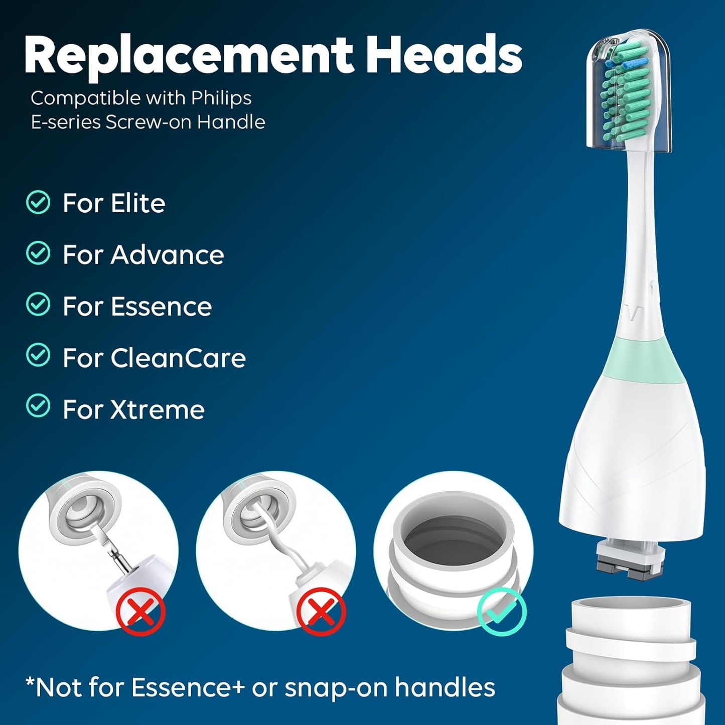 Replacement Heads for Philips Sonicare - Replacement Toothbrush Head Compatible with Phillips Sonicare Screw-on Electric Brush, E-Series, Essence, Xtreme, Elite, Advance and CleanCare, 4 Pack