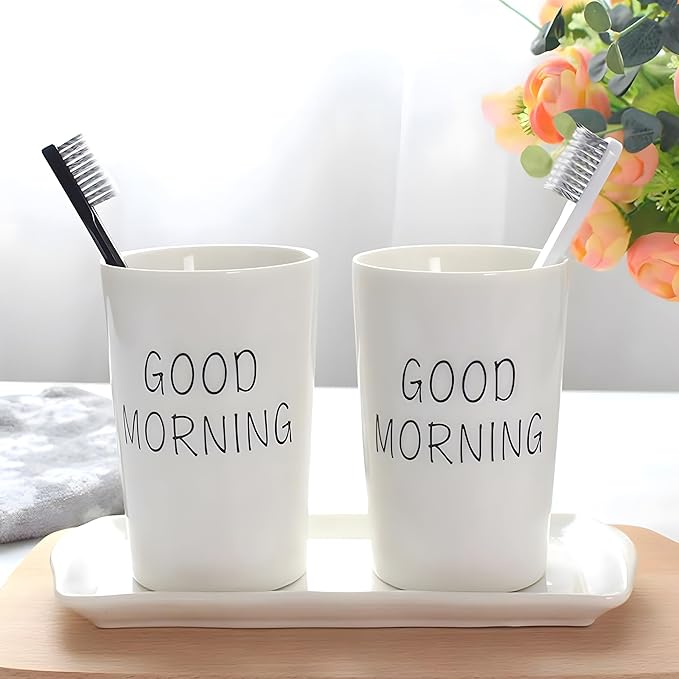 Kelake White Ceramic Tumbler Cup for Bathroom Toothpaste Toothbrush Holders Water Milk Drinks Cup 350 ml Bathroom Good Morning Couples Cup for Christmas Birthday