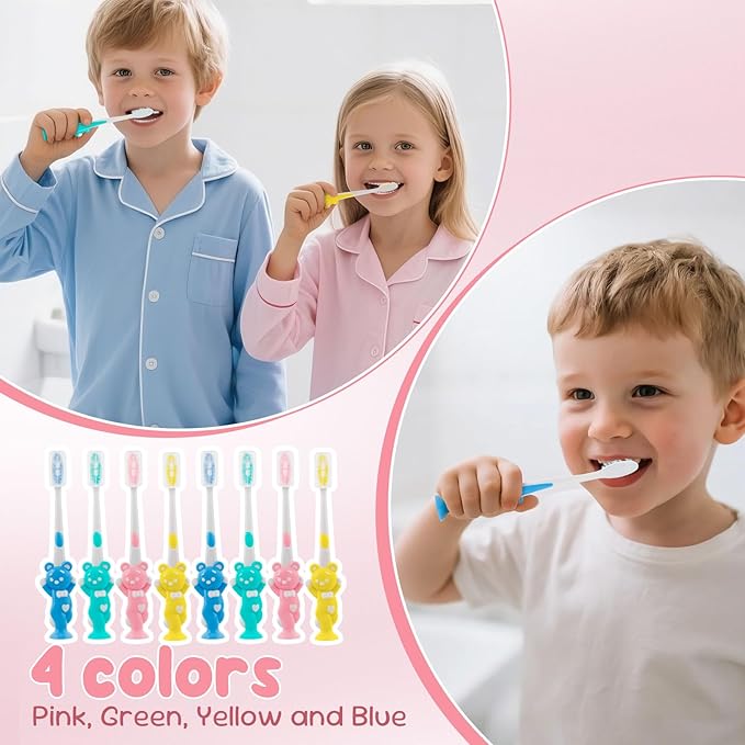 Toothbrushes for Kids In Bulk, Individually Wrapped Disposable Toothbrush Cute Manual Soft Bristles Children Toothbrush With Cover Suction Cup Toddler Toiletries Set for Home/School/Travel (8 Pack)