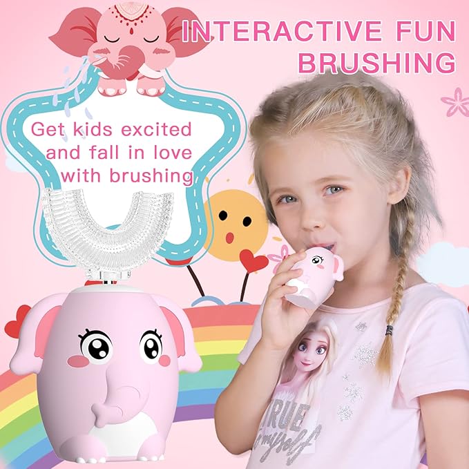 Kids Electric U Shaped Toothbrush Children Rechargeable Sonic Toothbrush with 4 Brush Heads Full Mouth 6 Cleaning Modes -(Age 8-15 Pink)