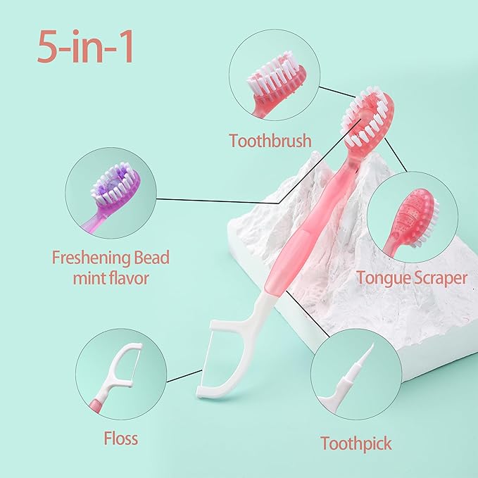 Mini Disposable Toothbrushes with Toothpaste 5 in 1 Travel Toothbrush Individually Wrapped Portable with Toothpaste + Tongue Scraper + Picks+Floss Travel Case (Peach, 10)