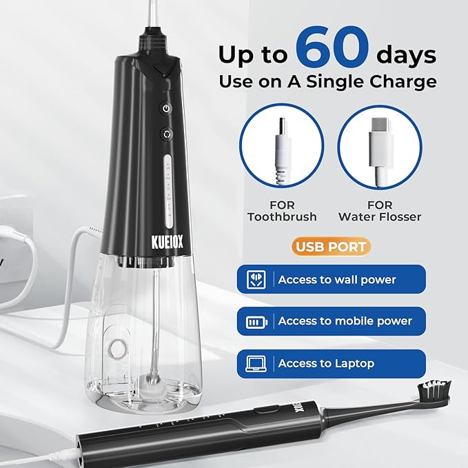 Electric Toothbrush with Water Cordless Flosser, 320ML Portable Travel Water Dental Flosser for Teeth with 5 Modes & 6 Jet Tips & IPX7 Waterproof for Teeth Cleaning and flossing (Black)