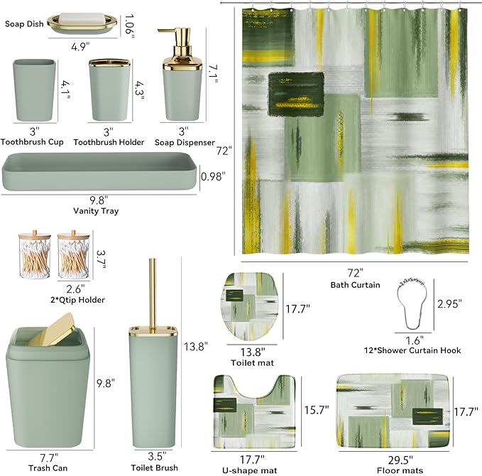 Bathroom Set - Sage Green Bathroom Accessories Set, Bathroom Sets with Shower Curtain and Rugs, Sage Green Shower Curtain Set with Bathroom Trash Can, Soap Dispenser, Soap Dish for Home Decor
