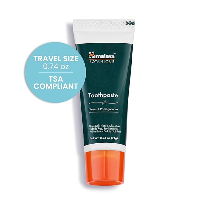Himalaya Botanique Neem & Pomegranate Travel Toothpaste, Mint Flavor - Travel Size Fluoride Free Toothpaste Fights Plaque & for Fresh Breath - Vegan, Gluten Free, No SLS, 0.74 oz (Pack of 10)