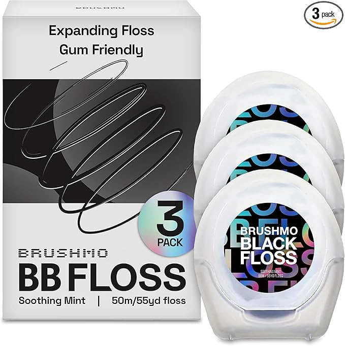 Brushmo Black Floss (BBFloss) - Expanding Floss, Gum-Friendly Soothing Mint Dental Floss, Natural Vegan Wax to Remove Plaque from Teeth, Dentist Designed PTFE & PFAS Free Oral Care, 3 Spools, 163 yd