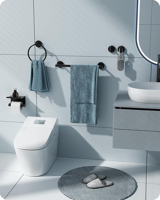 Matte Black Bathroom Hardware Set, 10 Pieces Towel Bar Set Bathroom Accessories with16'' Towel Bar, Towel Ring, Toilet Paper Holder and Towel Hooks