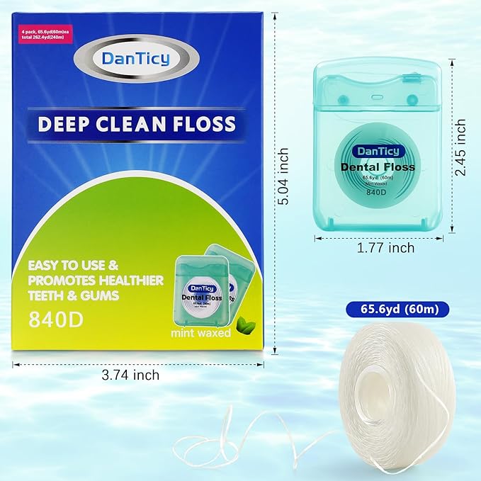 Dental Floss Deep Clean Waxed 840D Floss, Extra Wide Cleaning and Slides Smoothly & Easily is Perfect for Individuals with Tight Small Gaps Between Teeth Mint Flavored, 66Yards x 4 Pack 840D