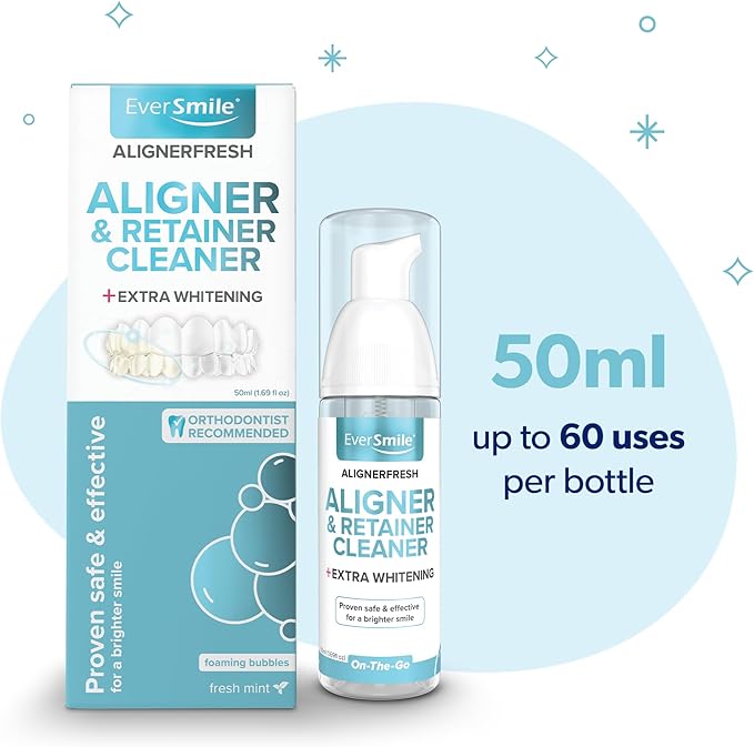 EverSmile AlignerFresh Extra Whitening Foam – Cleaner Compatible w/Invisalign and All Clear Aligners and Retainers – Eliminates Bacteria, Whitens Teeth, Fights Bad Breath – 50ml (4 Pack)