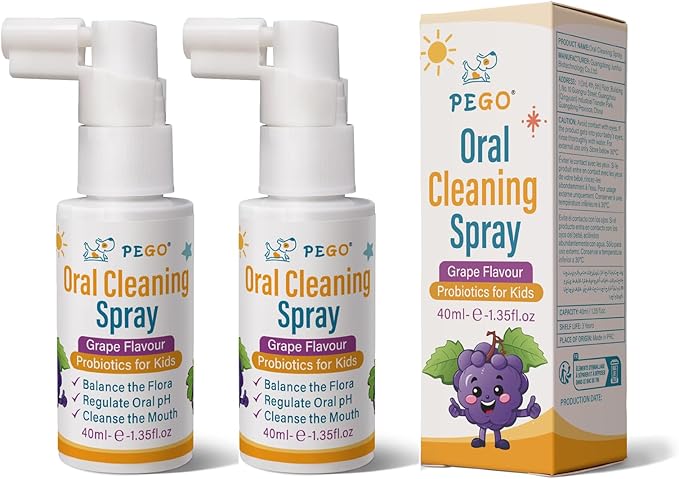 PEGO Kids Oral Spray, Toddler Toothpaste Helper for Fresh Breath，Kid's Mouth Spray with Fluoride Free for Newborn to 12 Years (2Pack, Grape)
