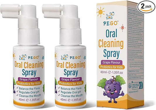 PEGO Kids Oral Spray, Toddler Toothpaste Helper for Daily Oral Care and Fresh Breath, Children Approved with Fluoride Free for Newborn to Preschoolers, Xylitol (40ml*2, Grape)