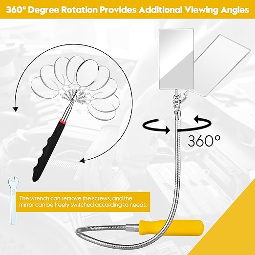 Telescoping Inspection Mirror, Flexible Retractable Automotive Extension Round Mirror 360 Rotation&Bendable Square Mirror, Extendable Mirror on a Stick with 4 Replaceable Mirror & 1 Storage Bag