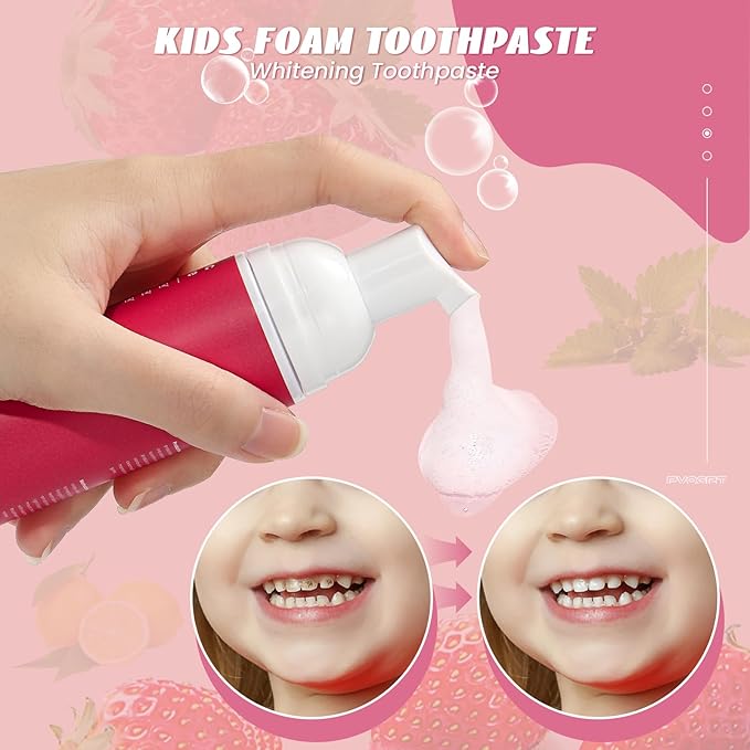 Fluoride Free Foam Kids Toothpaste - Natural Teeth Clean and Whitening Toothpaste with Strawberry and Blueberry Mint Flavor for U Shaped Toothbrush Travel Size (Strawberry+Blueberry)