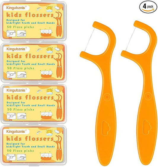 Kids Flossers,200 Counts Toddler Floss Includes 4 Portable Travel Cases,Reusable Floss Pick,No Shred Thread and Unflavored